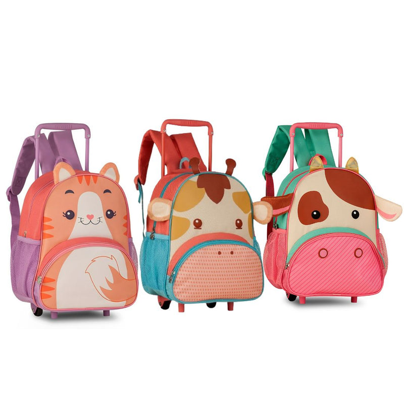 Mochila de Carrinho Rodinha Bolsa Infantil Menina Escolar Volta Aulas Pets Gato Girafa Vaca Clio