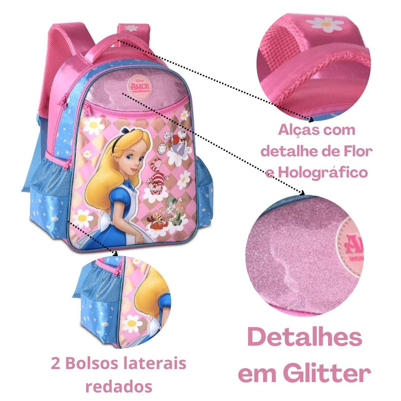 Mochila de Costas Mala Bolsa Alice no País das Maravilhas Rosa Infantil Feminino Escolar Clio