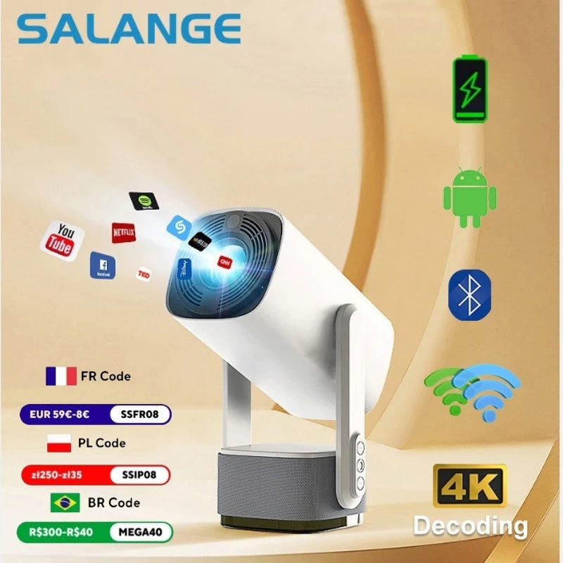 Projetor Salange 4K K2 Smart Android 11.0 c Bateria Embutida Alto-falante Bluetooth Wi-Fi Foco Automático Correção Keystone Estilo Livre Samsung iPhone Android Celular Projetor de Filmes ao Ar Livre Acessório