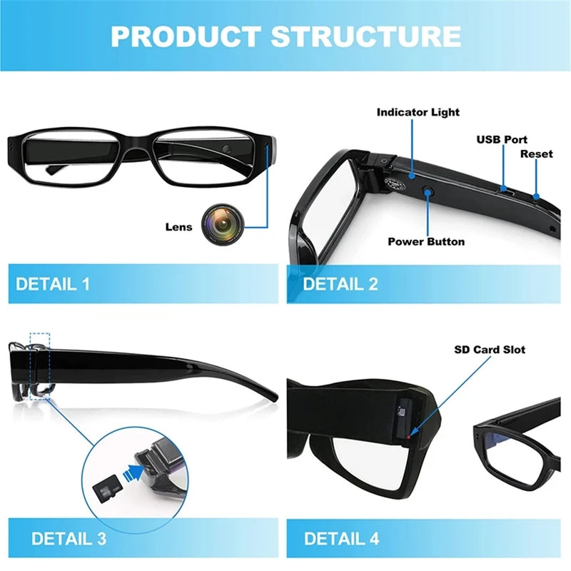 Óculos Portáteis com Câmera Esportiva e Smart Driving Bike Glasses HD 1080p VCR Camera Glasses Vídeo Gravação Processo de Conferência Condução Acessório