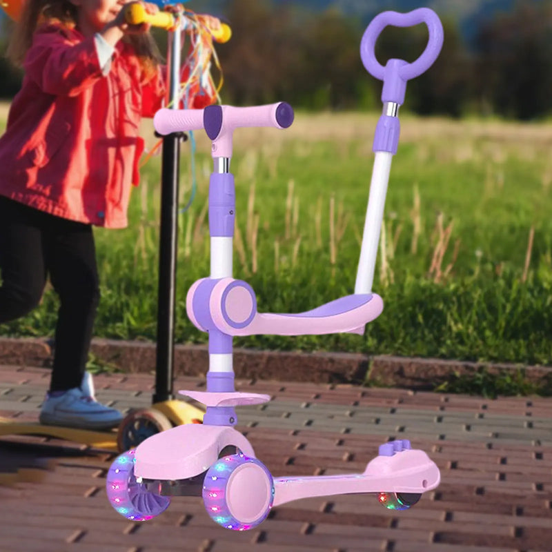 Brinquedo Scooter Portátil de 3 Rodas com Luzes Piscando Assento Giratório para Crianças de 2 a 12 Anos Música Luz e Diversão ao Ar Livre Presente Criança