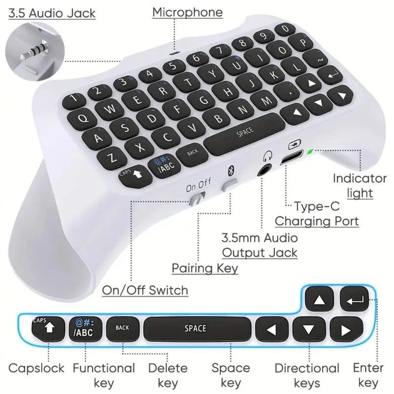 Teclado para Controle Sem Fio para PS5 Mini Gamepad Portátil com Alto-Falante Embutido Jack de Áudio 3.5mm e Conectividade 3.0 Acessório Gamer Presente Criança