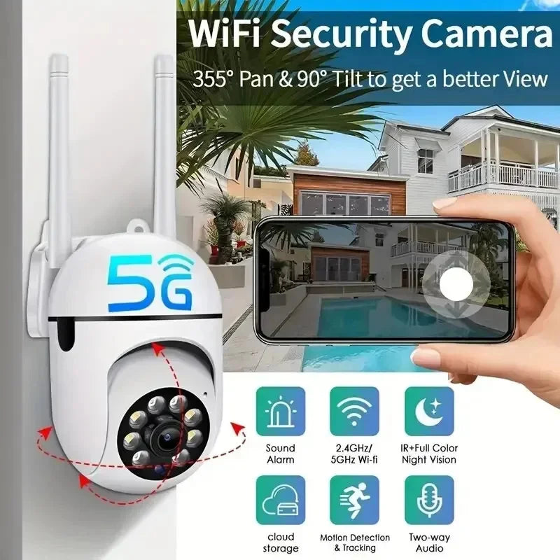 Câmera de Vigilância IP PTZ WiFi CCTV ao Ar Livre com Áudio Zoom Digital 4X Visão Noturna Proteção à Prova D'Água e Conectividade Sem Fio 2.4G Acessório Segurança