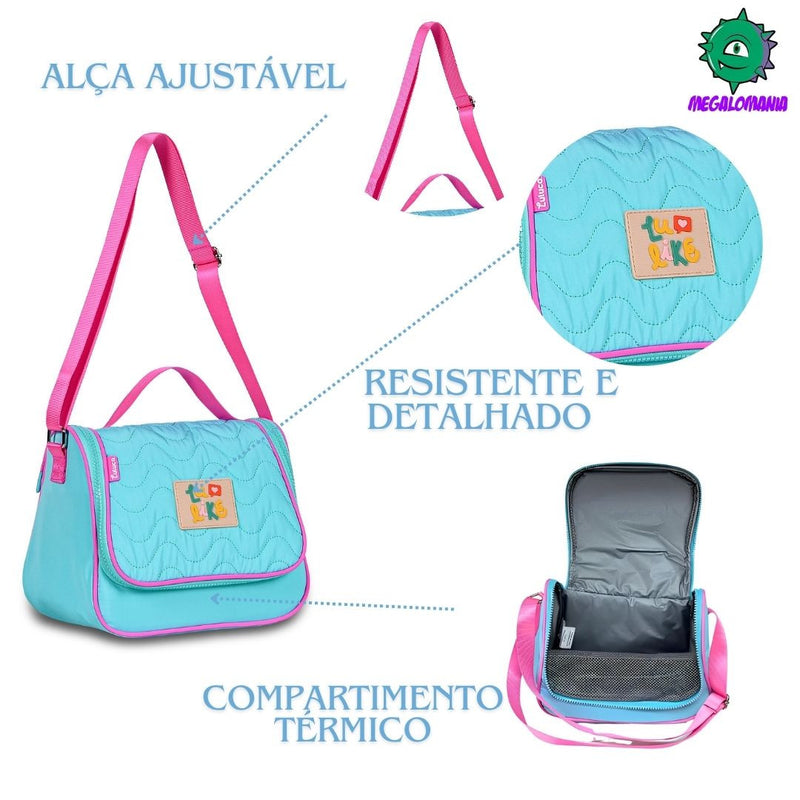 Kit Mochila de Carrinho Mala Bolsa Azul Lancheira Térmica Duas Alças Estojo Box Menina Juvenil Luluca Clio