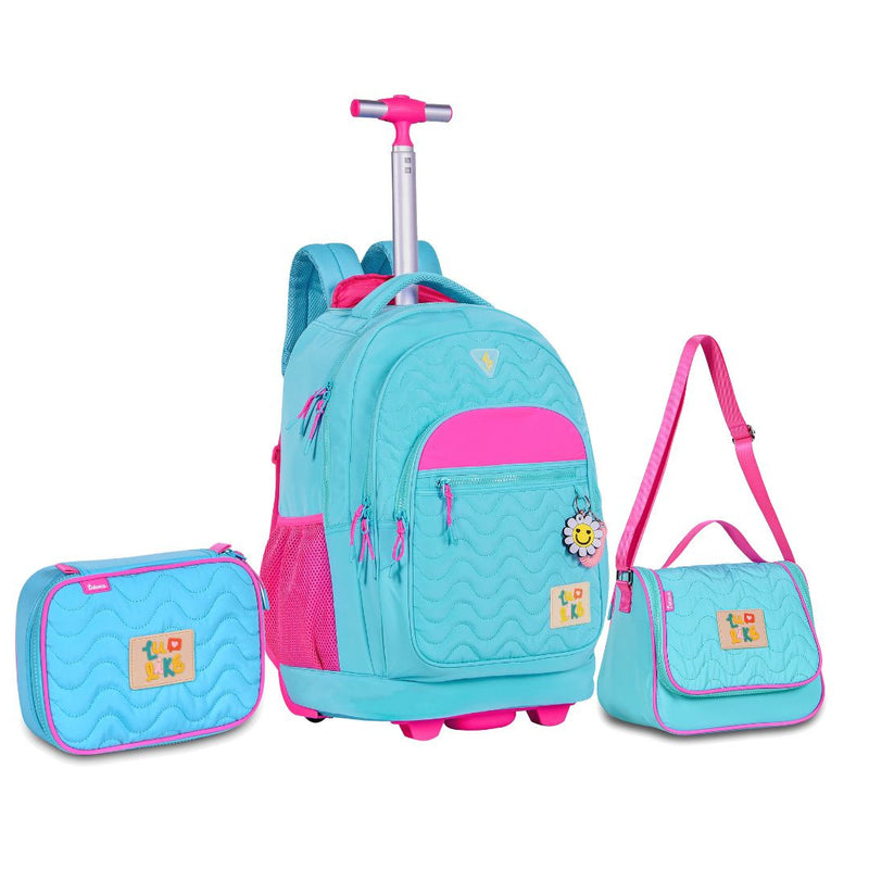 Kit Mochila de Carrinho Mala Bolsa Azul Lancheira Térmica Duas Alças Estojo Box Menina Juvenil Luluca Clio