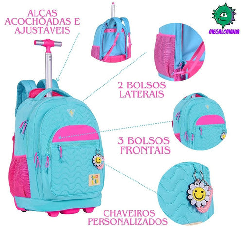 Kit Mochila de Carrinho Mala Bolsa Azul Lancheira Térmica Duas Alças Estojo Box Menina Juvenil Luluca Clio