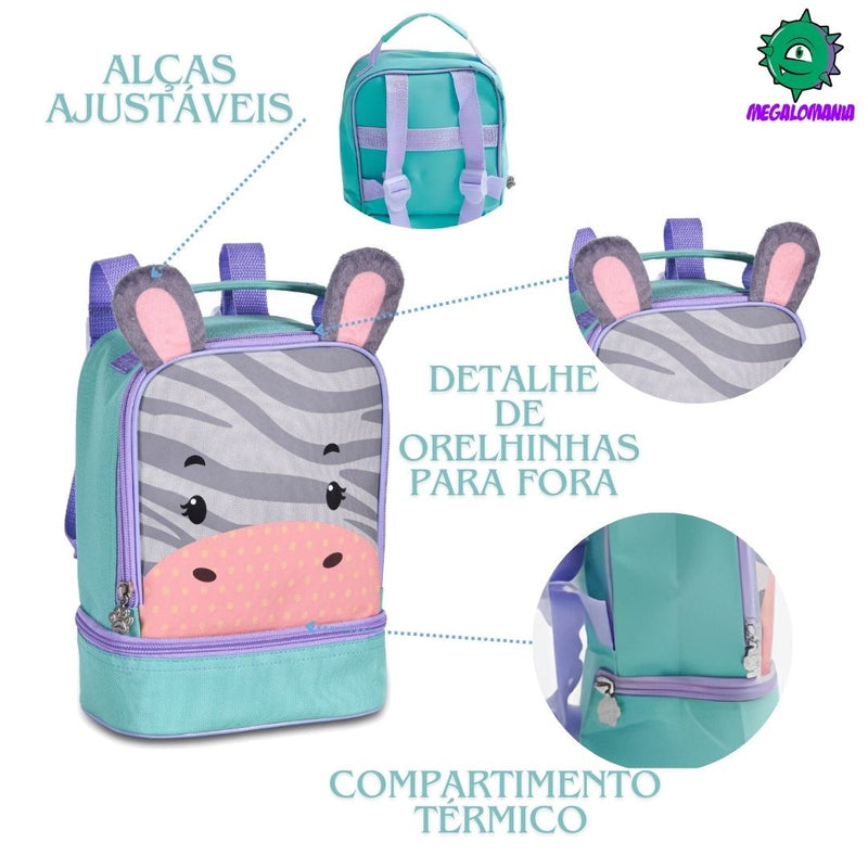 Kit Mochila de Costas Mala Bolsa Zebra Lancheira Térmica Duas Alças Lanchinho Escolar Infantil Clio