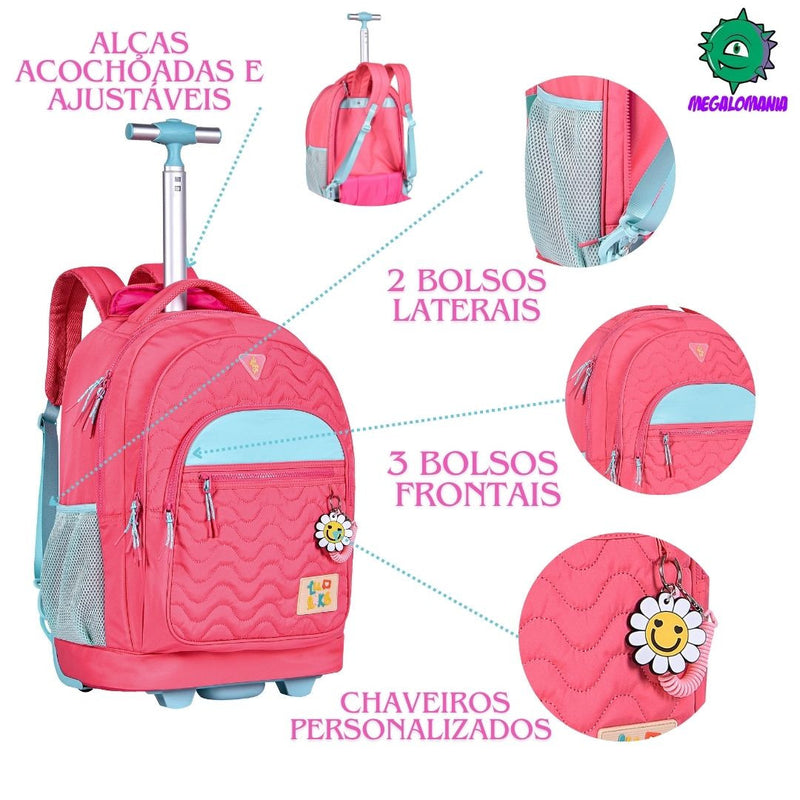 Kit Mochila de Carrinho Mala Bolsa Rosa Lancheira Térmica Duas Alças Estojo Box Meninas Juvenil Escolar Luluca Clio