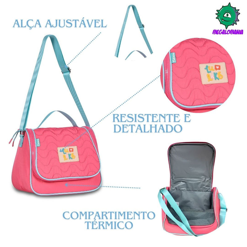 Kit Mochila de Carrinho Mala Bolsa Rosa Lancheira Térmica Duas Alças Estojo Box Meninas Juvenil Escolar Luluca Clio