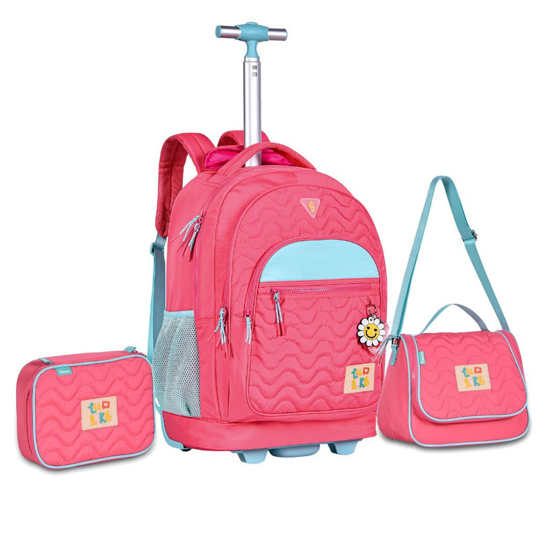 Kit Mochila de Carrinho Mala Bolsa Rosa Lancheira Térmica Duas Alças Estojo Box Meninas Juvenil Escolar Luluca Clio