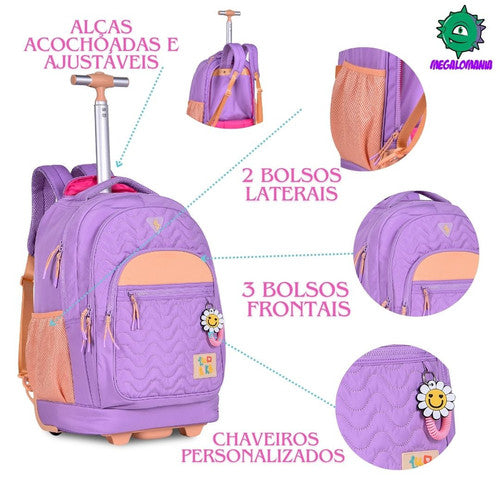 Kit Mochila de Carrinho Mala Bolsa Lancheira Térmica Duas Alças Estojo Box Luluca Juvenil Meninas Escolar Clio