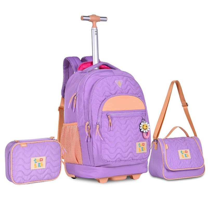 Kit Mochila de Carrinho Mala Bolsa Lancheira Térmica Duas Alças Estojo Box Luluca Juvenil Meninas Escolar Clio