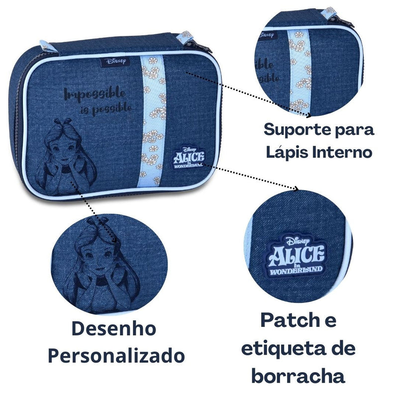 Kit Mochila de Costas Mala Bolsa Alice no País da Maravilhas Azul Estojo Simples Juvenil Feminino Escolar Clio