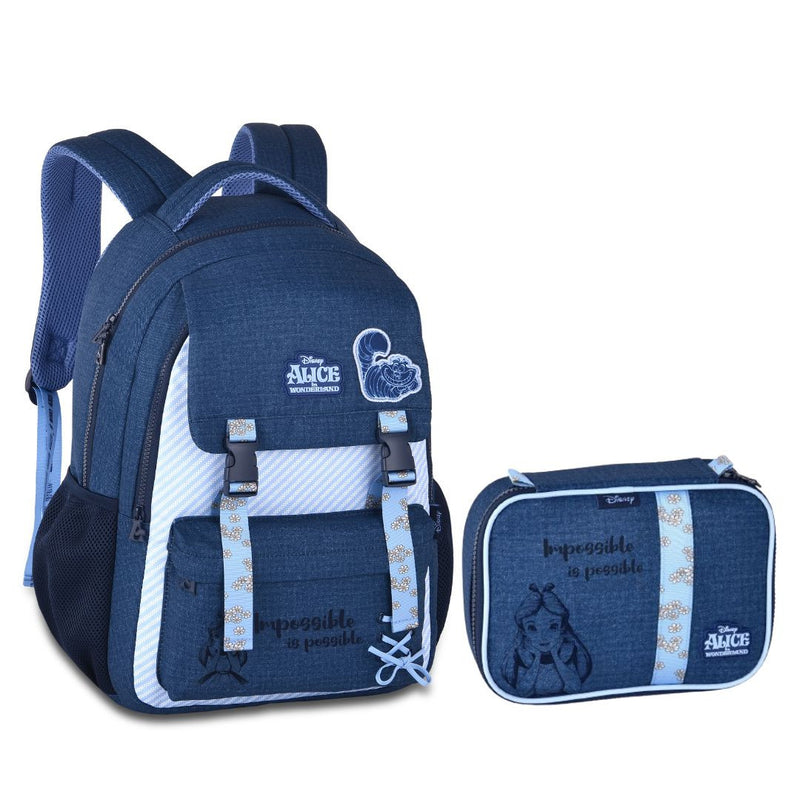 Kit Mochila de Costas Mala Bolsa Alice no País da Maravilhas Azul Estojo Simples Juvenil Feminino Escolar Clio