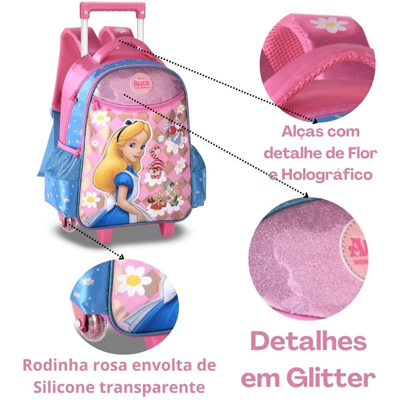 Mochila de Carrinho Alice no País das Maravilhas Rosa Infantil Rosa Feminino Escolar Clio