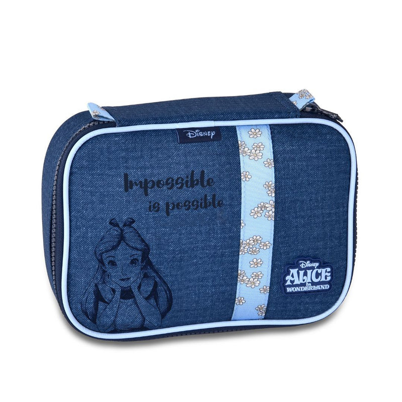 Kit Mochila de Costas Mala Bolsa Alice no País da Maravilhas Azul Estojo Simples Juvenil Feminino Escolar Clio