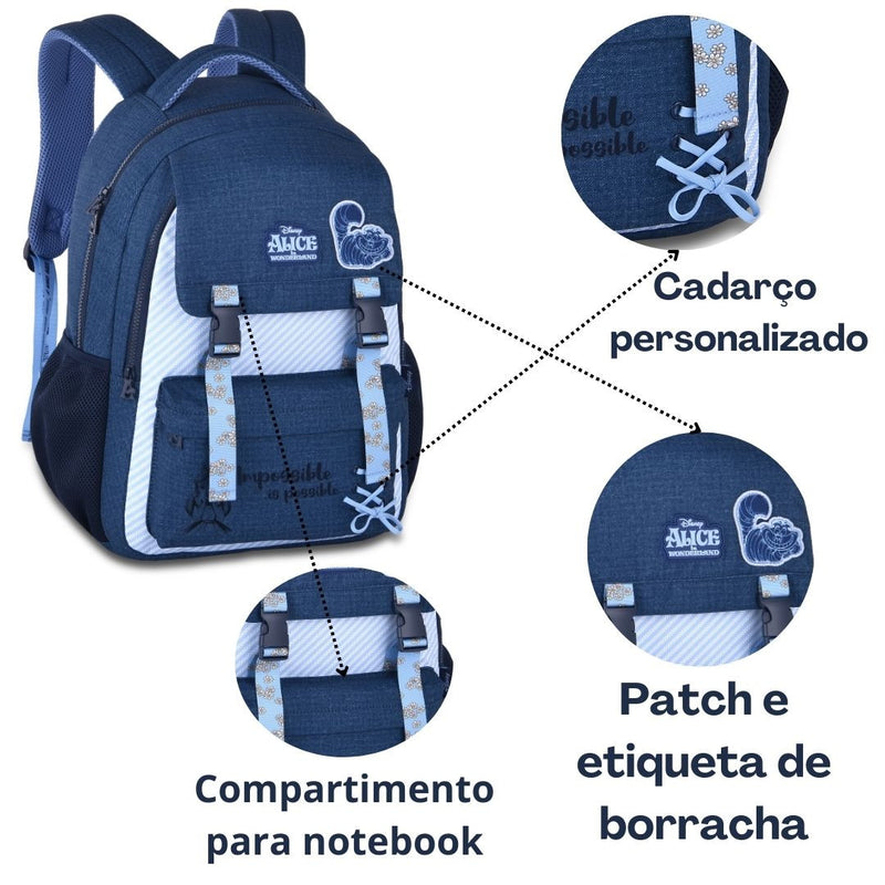 Mochila de Costas Mala Bolsa Alice no País das Maravilhas Feminino Escolar Clio