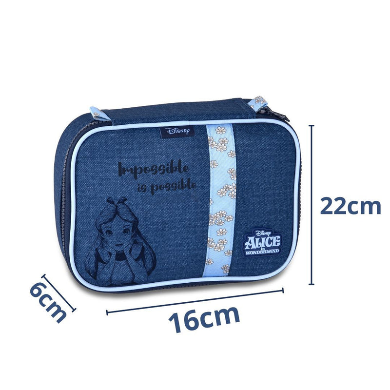 Kit Mochila de Costas Mala Bolsa Alice no País da Maravilhas Azul Estojo Simples Juvenil Feminino Escolar Clio