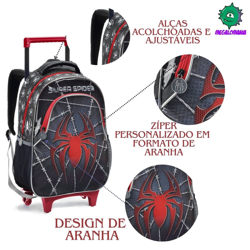 Kit Mochila de Carrinho Infantil Super Spider Preto Aranha Homem Mala Bolsa Estojo com Dois Compartimentos Escolar Seanite