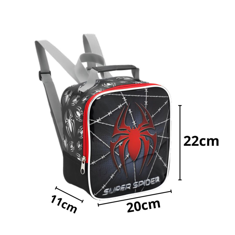 Kit Mochila de Carrinho Infantil Super Spider Preto Aranha Homem Lancheira Térmica Estojo com Dois Compartimentos Escolar Seanite