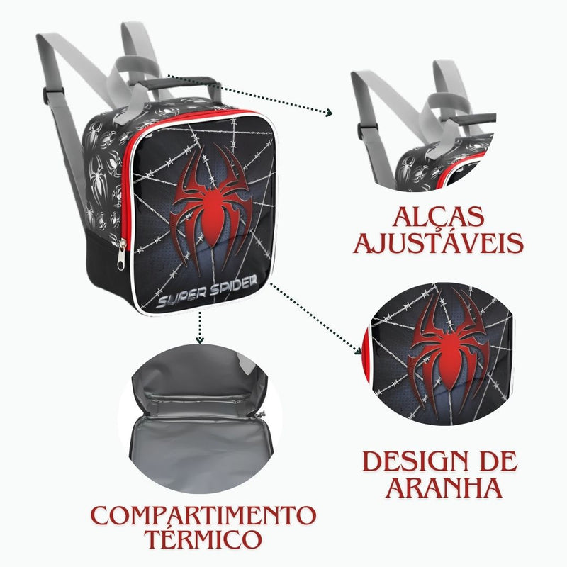 Kit Mochila de Carrinho Infantil Super Spider Preto Aranha Homem Lancheira Térmica Estojo com Dois Compartimentos Escolar Seanite