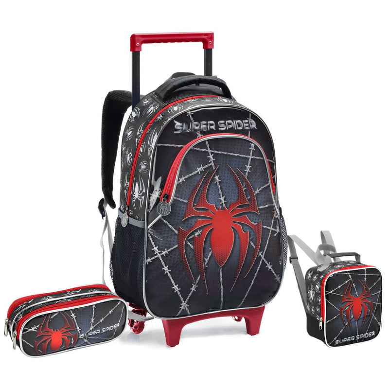 Kit Mochila de Carrinho Infantil Super Spider Preto Aranha Homem Lancheira Térmica Estojo com Dois Compartimentos Escolar Seanite