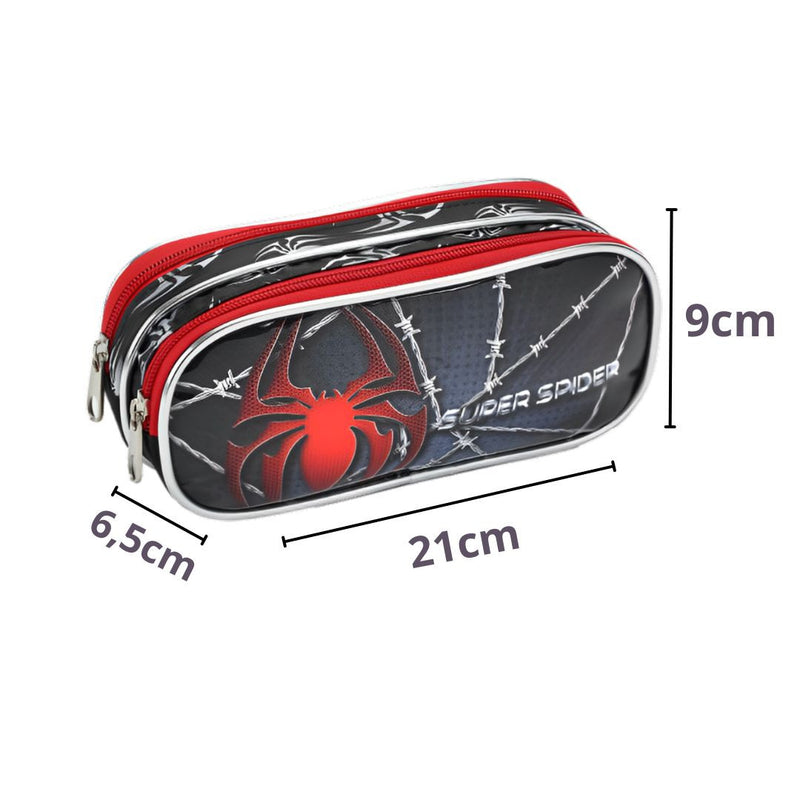 Kit Lancheira Térmica Infantil Super Spider Preto Aranha Homem Estojo com Dois Compartimentos Super Spider Preto Aranha Homem Escolar Masculino Seanite