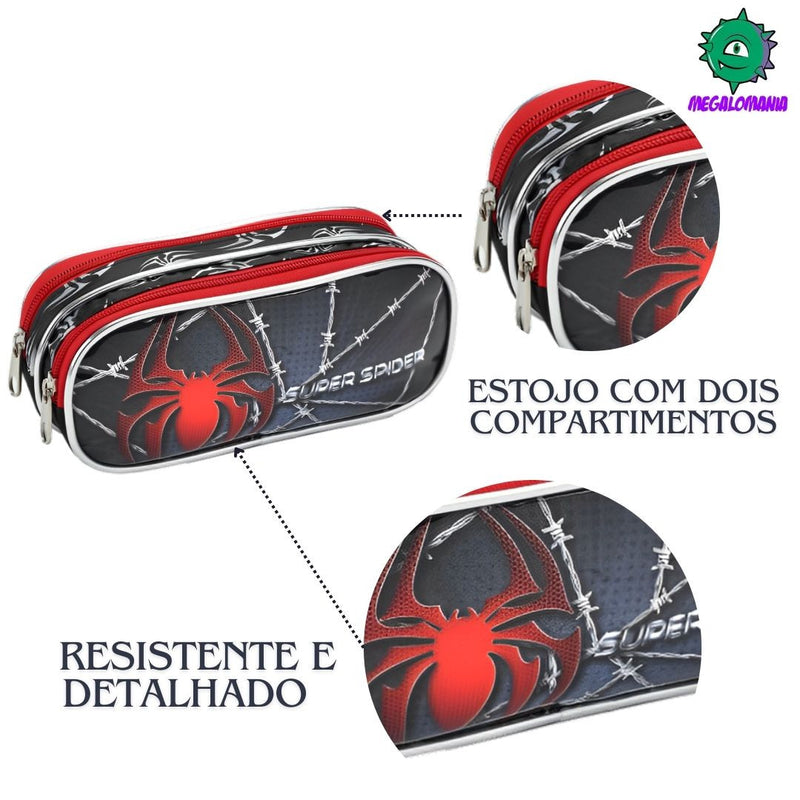 Kit Lancheira Térmica Infantil Super Spider Preto Aranha Homem Estojo com Dois Compartimentos Super Spider Preto Aranha Homem Escolar Masculino Seanite