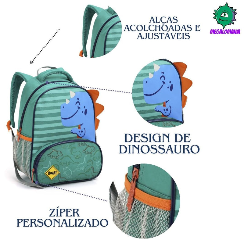 Mochila de Costas Infantil Dinossauro Verde e Azul Mala Bolsa Escolar Crianças Seanite