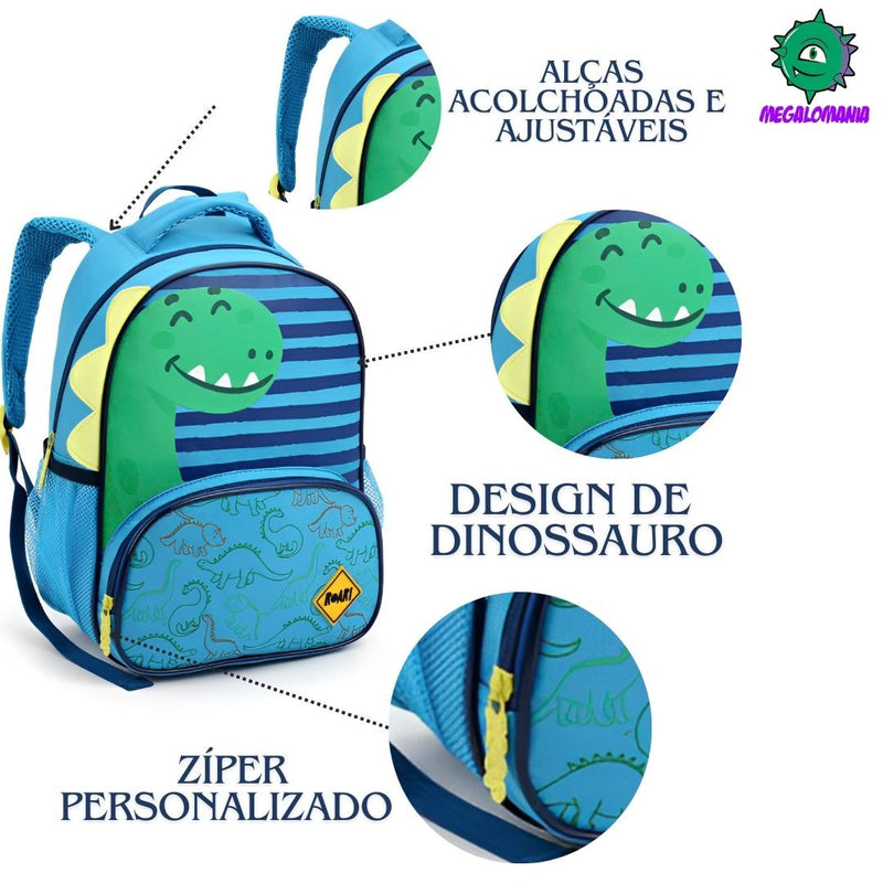 Mochila de Costas Infantil Dinossauro Verde e Azul Mala Bolsa Escolar Crianças Seanite