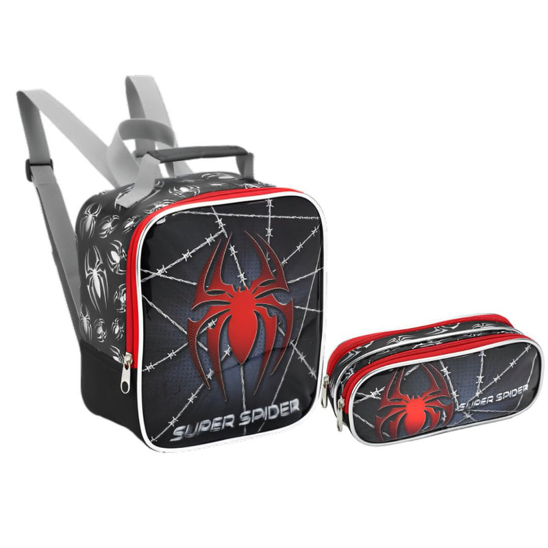 Kit Lancheira Térmica Infantil Super Spider Preto Aranha Homem Estojo com Dois Compartimentos Super Spider Preto Aranha Homem Escolar Masculino Seanite