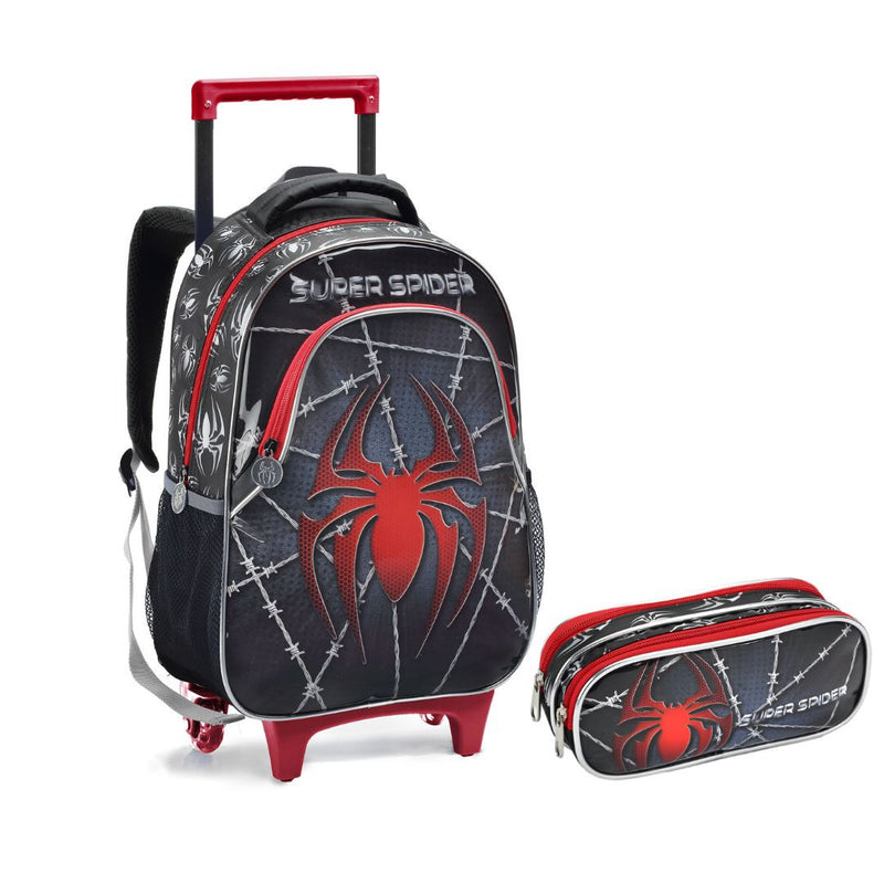 Kit Mochila de Carrinho Infantil Super Spider Preto Aranha Homem Mala Bolsa Estojo com Dois Compartimentos Escolar Seanite