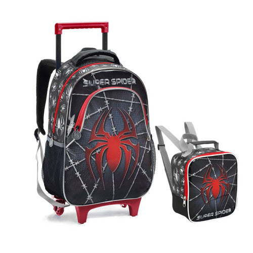 Kit Mochila de Carrinho Infantil Super Spider Preto Aranha Homem Lancheira Térmica Escolar Masculino Seanite