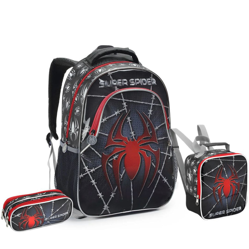 Kit Mochila de Costas Infantil Super Spider Preto Aranha Homem Lancheira Térmica Escolar Masculino Seanite