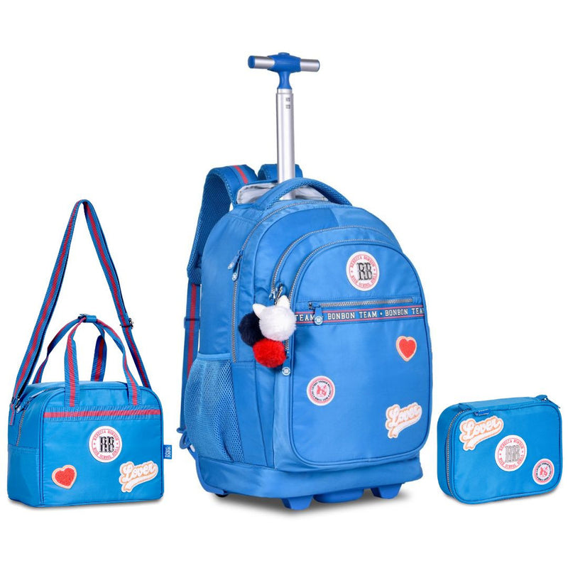 Kit Mochila de Carrinho Mala Bolsa Lancheira Térmica Duas Alças Azul Escolar Meninas Juvenil Rebecca Bonbon Clio