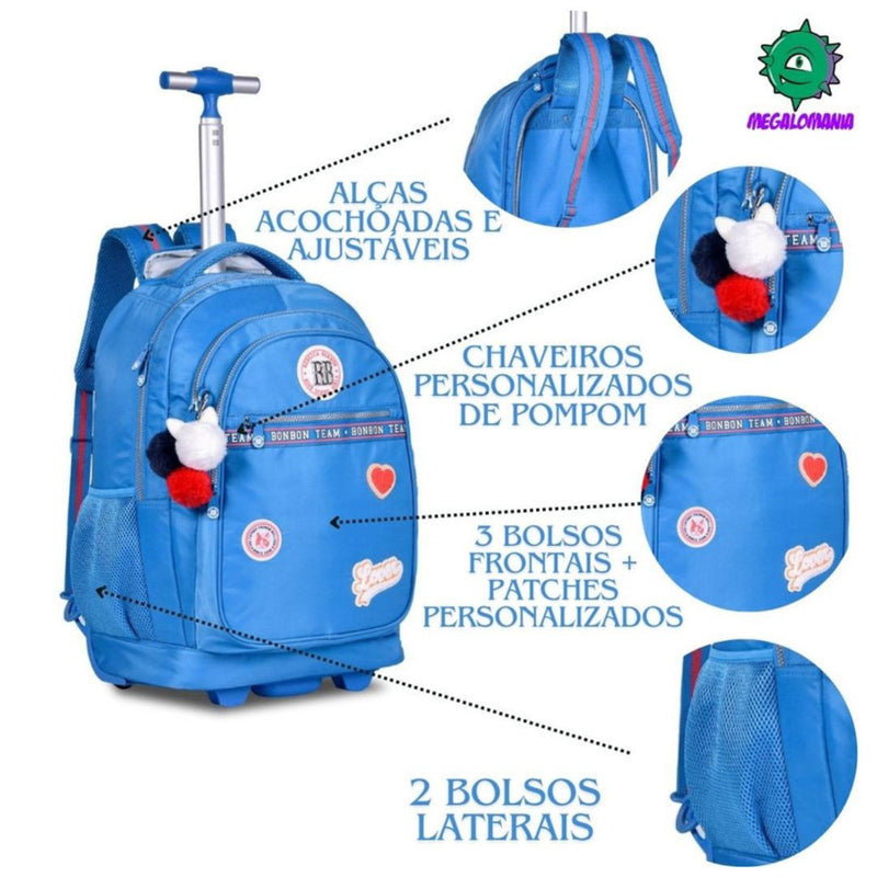 Mochila de Carrinho Mala Bolsa Rebecca Bonbon Preto Rosa Azul Fashion Juvenil Escolar Feminino Clio