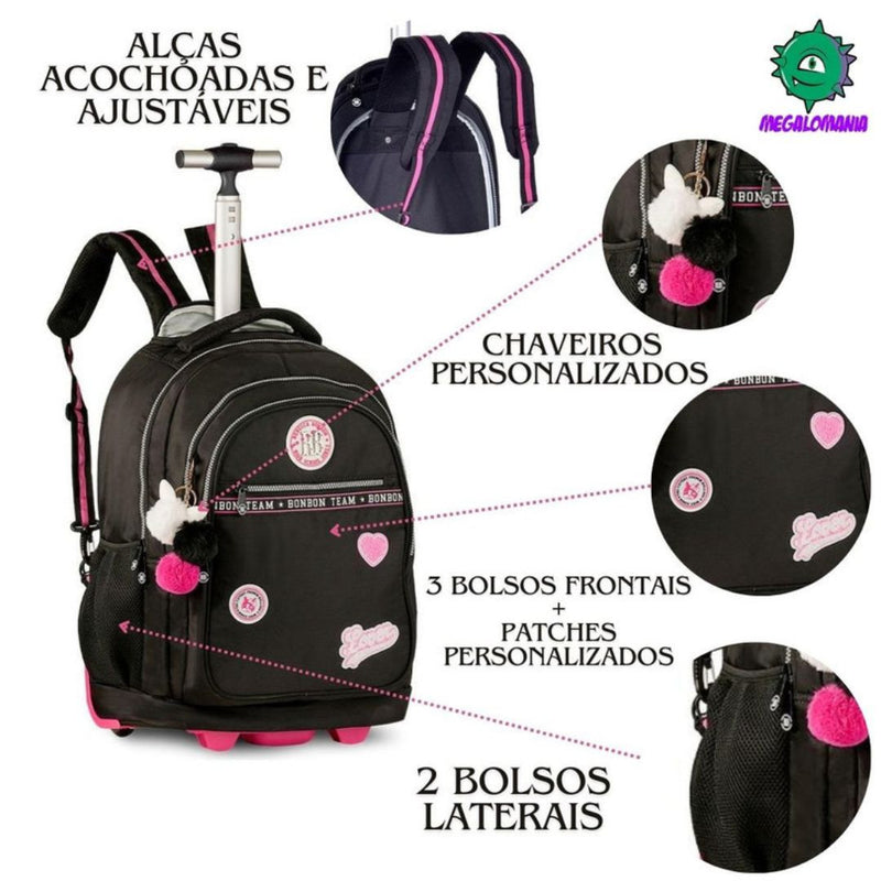 Kit Mochila de Carrinho Preto Mala Bolsa Lancheira Térmica Duas Alças Estojo Box Juvenil Fashion Escolar Meninas Rebecca Bobon Clio