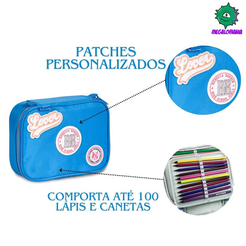 Kit Mochila de Carrinho Mala Bolsa Lancheira Térmica Duas Alças Azul Escolar Meninas Juvenil Rebecca Bonbon Clio