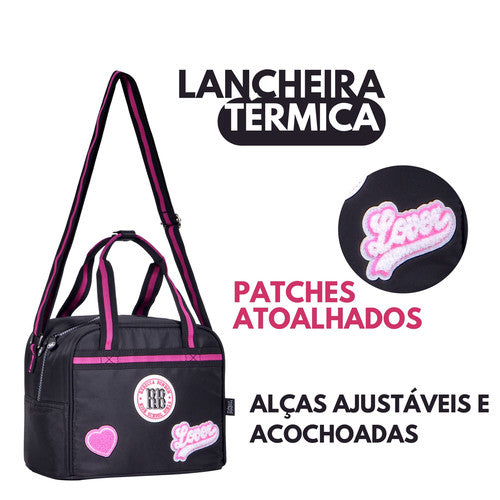 Kit Mochila de Carrinho Preto Mala Bolsa Lancheira Térmica Duas Alças Estojo Box Juvenil Fashion Escolar Meninas Rebecca Bobon Clio