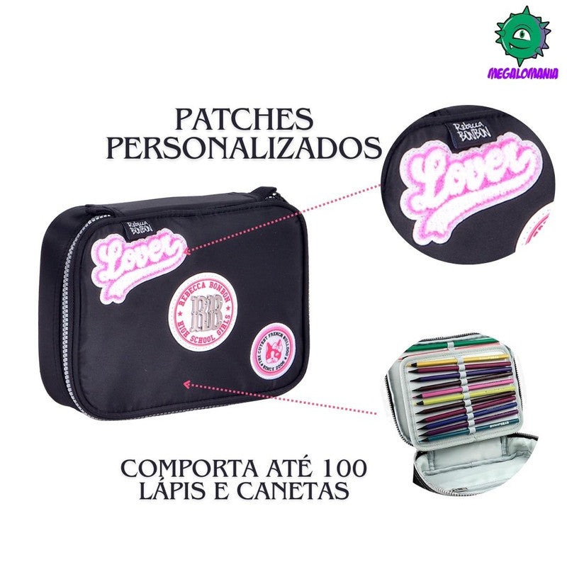 Kit Mochila de Carrinho Preto Mala Bolsa Lancheira Térmica Duas Alças Estojo Box Juvenil Fashion Escolar Meninas Rebecca Bobon Clio