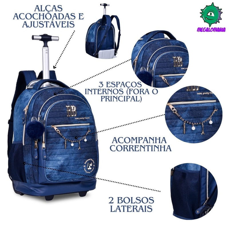 Kit Mochila de Carrinho Mala Bolsa Rebecca Bonbon Jeans Lancheira Térmica Duas Alças Estojo Box Escolar Juvenil Meninas Clio