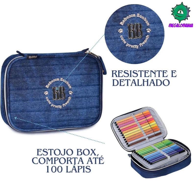 Kit Mochila de Carrinho Mala Bolsa Rebecca Bonbon Jeans Lancheira Térmica Duas Alças Estojo Box Escolar Juvenil Meninas Clio