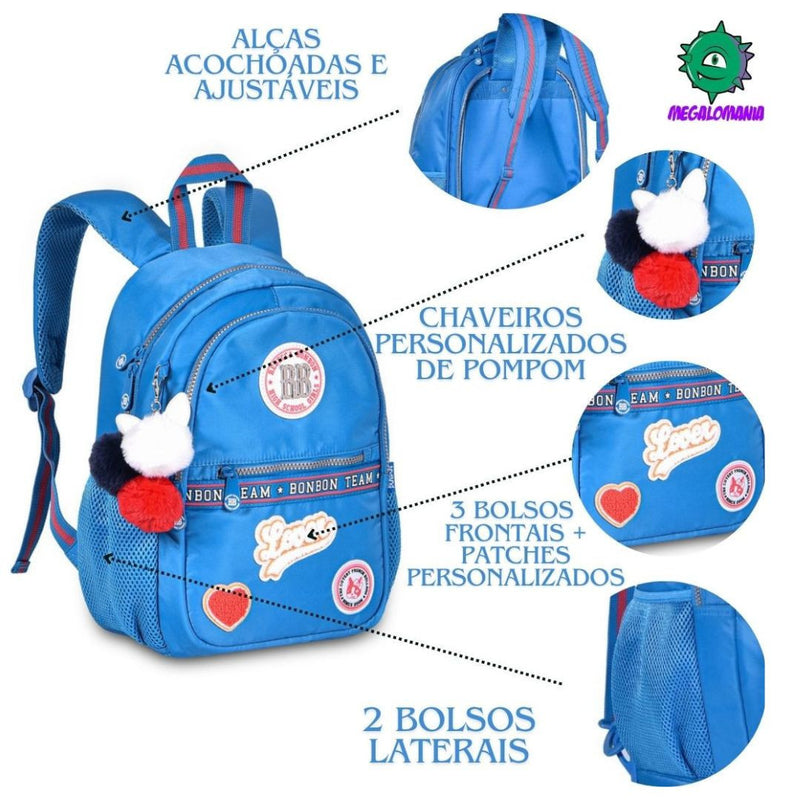 Kit Mochila de Costas Mala Bolsa Mini Rebecca Bonbon Azul Estojo Box Feminino Juvenil Fashion Clio