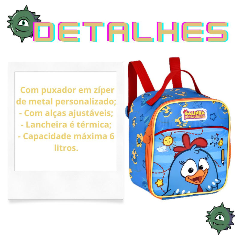 Kit Mochila de Costas Galinha Pintadinha Mala Bolsa Lancheira Térmica Duas Alças Lanchinho Escolar Infantil Clio