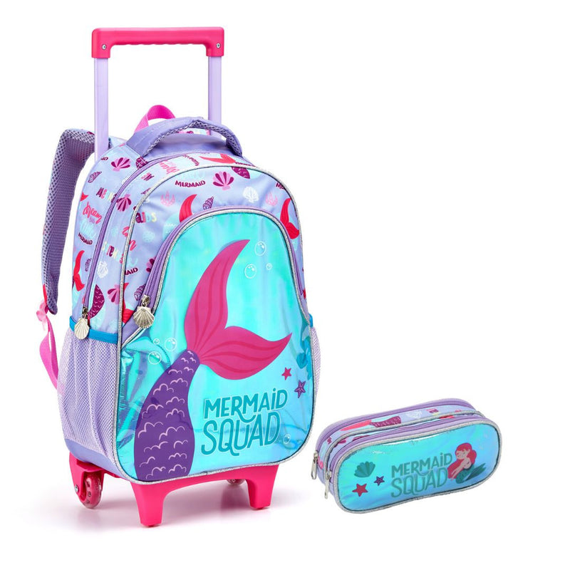 Kit Mochila de Carrinho Mala Bolsa Infantil Sereia Estojo com Dois Compartimentos Feminino Meninas Seanite