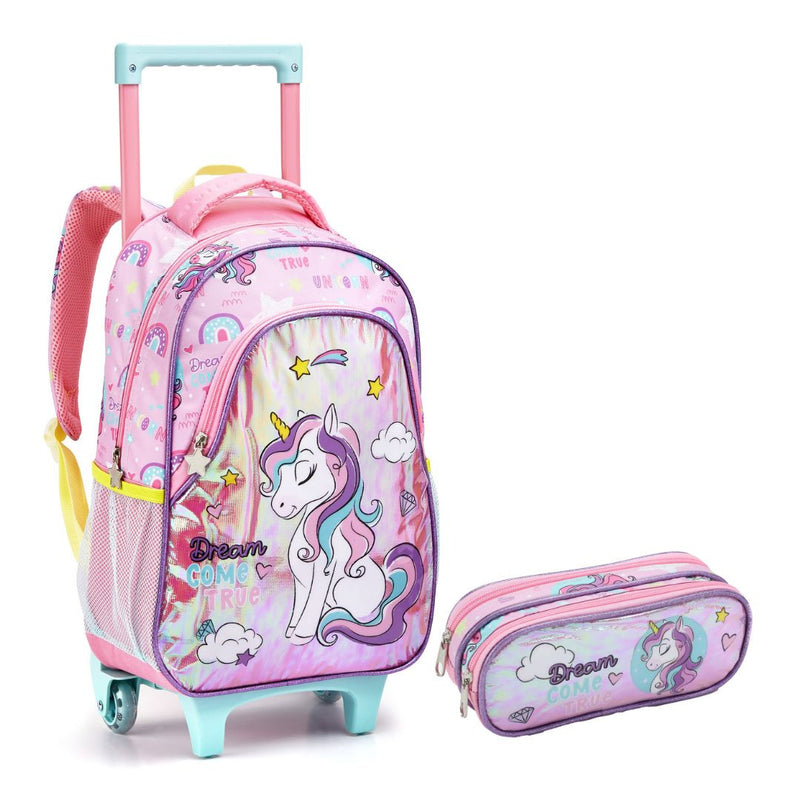 Kit Mochila de Carrinho Infantil Unicórnio Bolsa Estojo Simples Rosa Rainbow Escolar Feminino Seanite