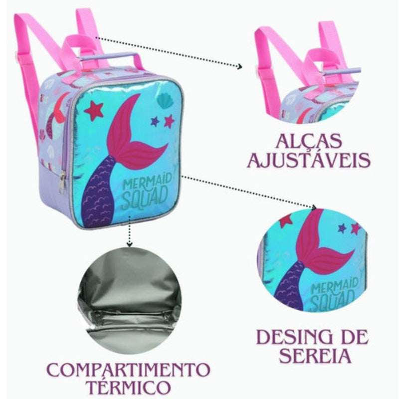 Kit Lancheira Infantil Térmica Sereia Estojo com Dois Compartimentos Feminino Meninas Seanite