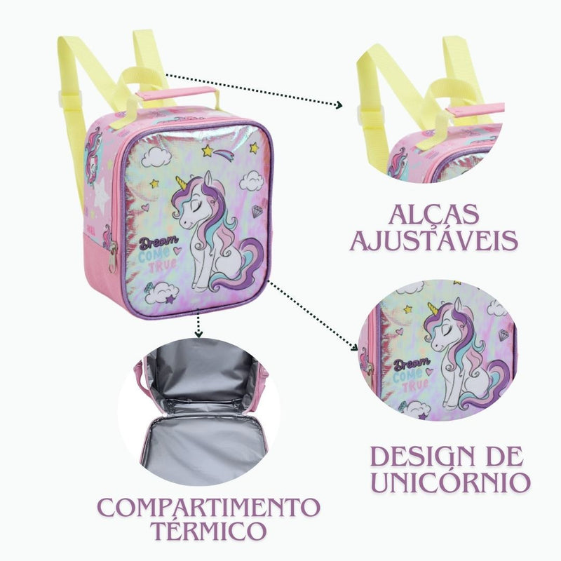 Kit Lancheira Infantil Térmica Unicórnio Estojo com Dois Compartimentos Feminino Crianças Seanite