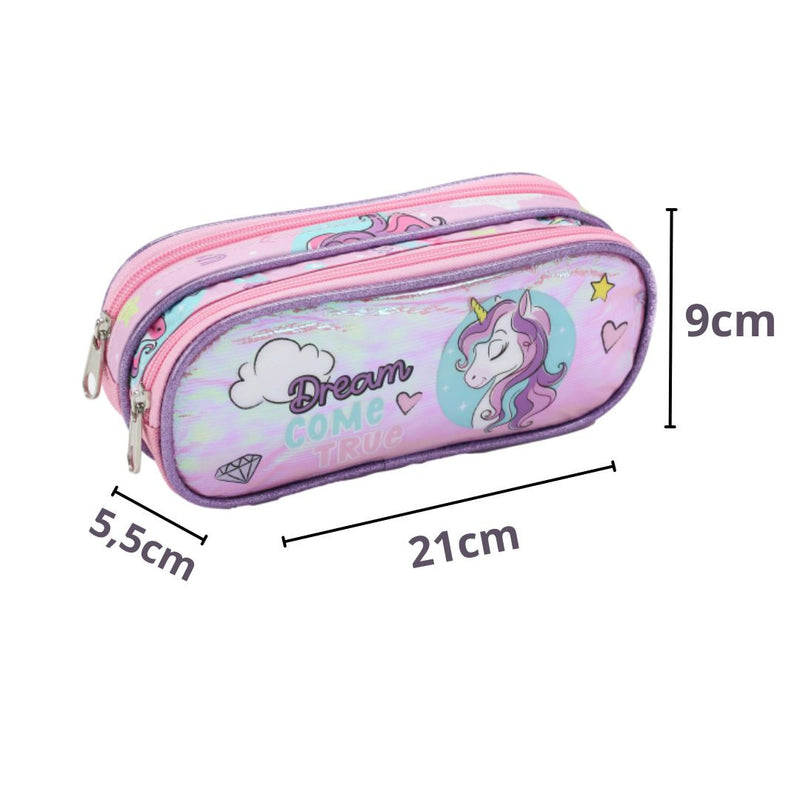 Kit Mochila de Carrinho Infantil Unicórnio Bolsa Estojo Simples Rosa Rainbow Escolar Feminino Seanite