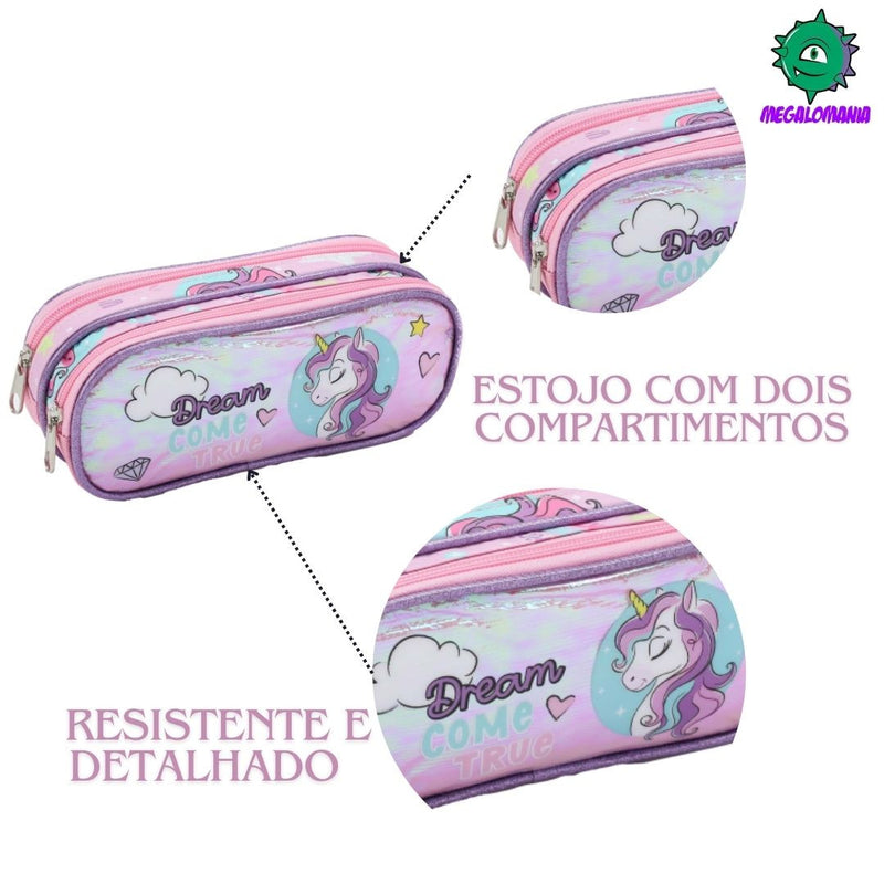 Kit Mochila de Carrinho Mala Bolsa Infantil Unicórnio Lancheira Térmica Estojo com Dois Compartimentos Feminino Seanite